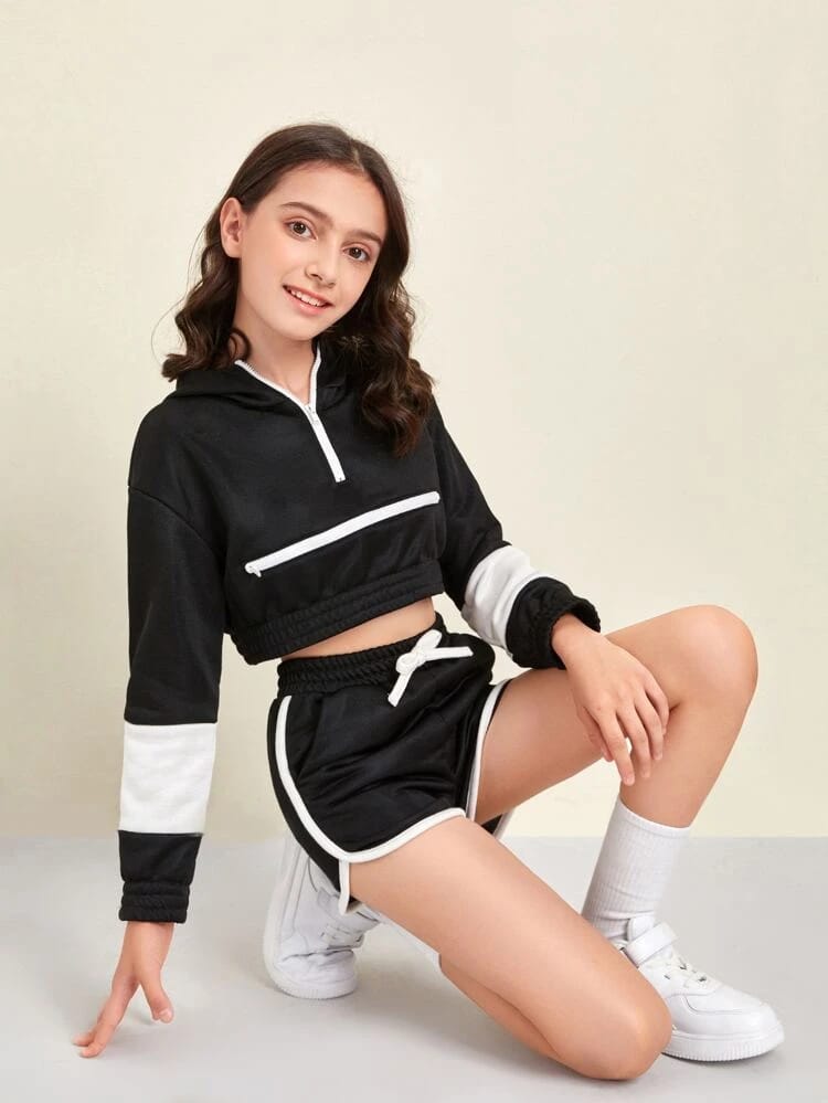 Girls Zip Front Two Tone Crop Sweatshirt and Dolphin Shorts Set