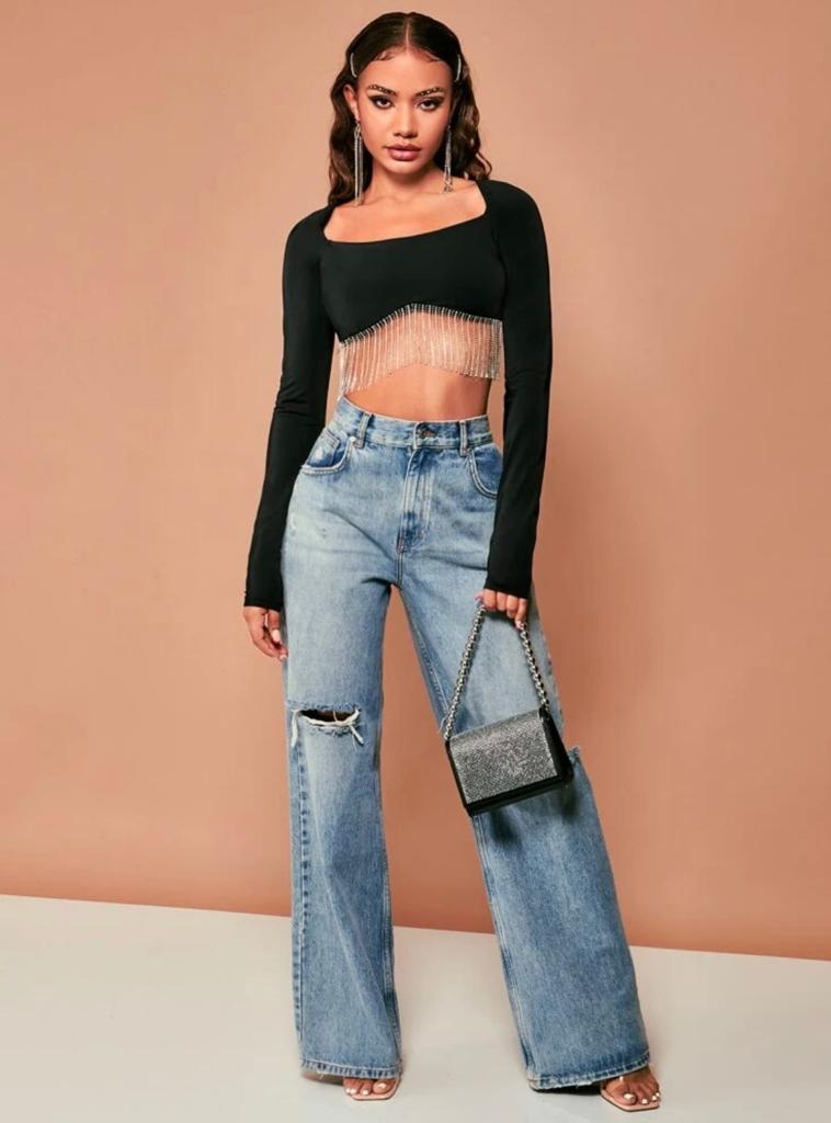 Raglan Sleeve Rhinestone Fringe Trim Crop Top