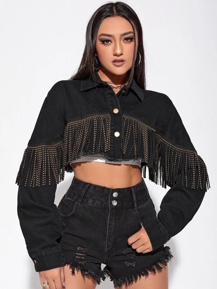 Solid Fringe Button Front Crop Denim Jacket freeshipping - Kendiee