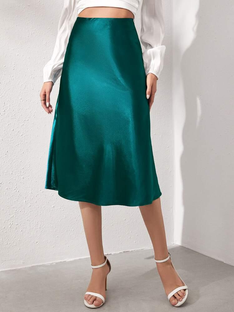 Solid Satin Midi Skirt freeshipping - Kendiee