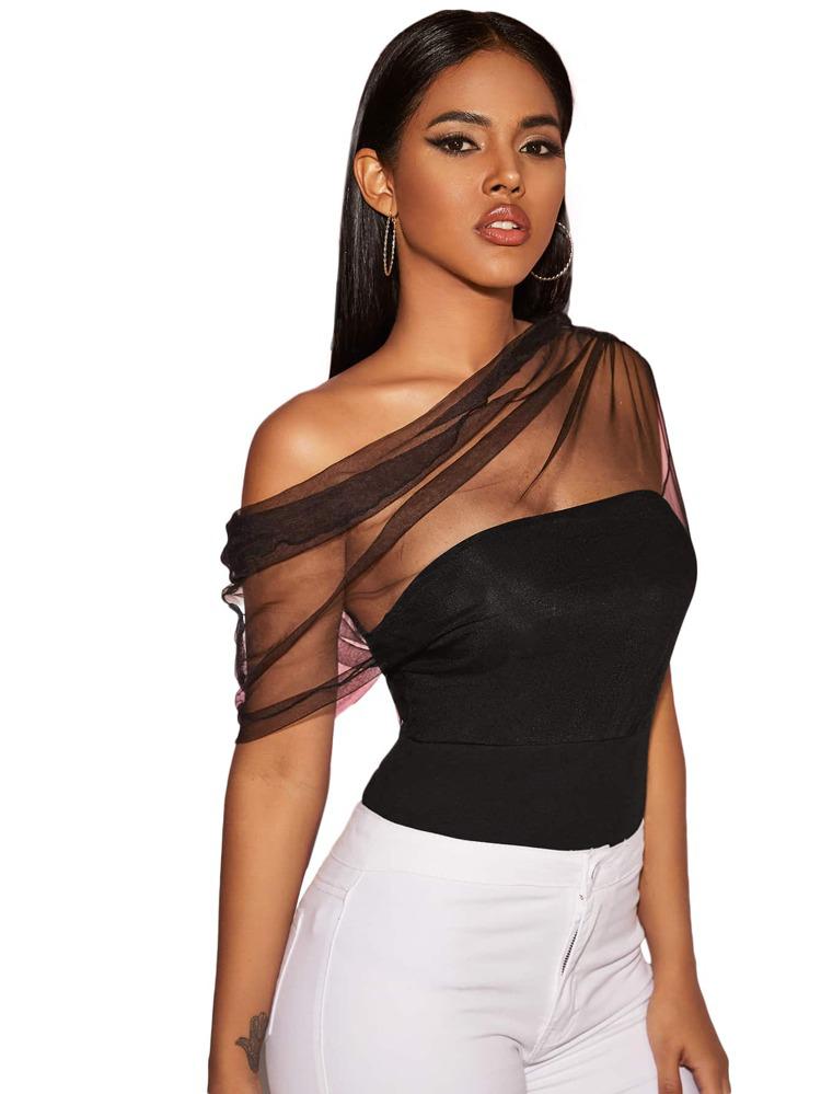 Asymmetrical Neck Sheer Mesh Ruched Top freeshipping - Kendiee