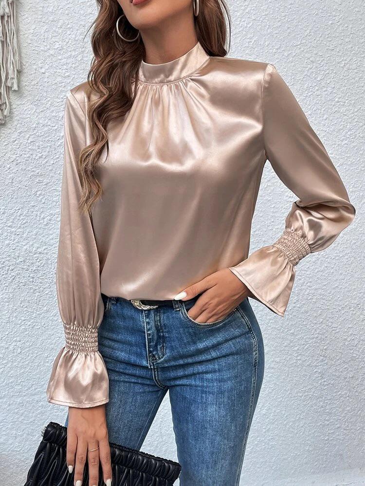 Mock Neck Flounce Sleeve Satin Blouse