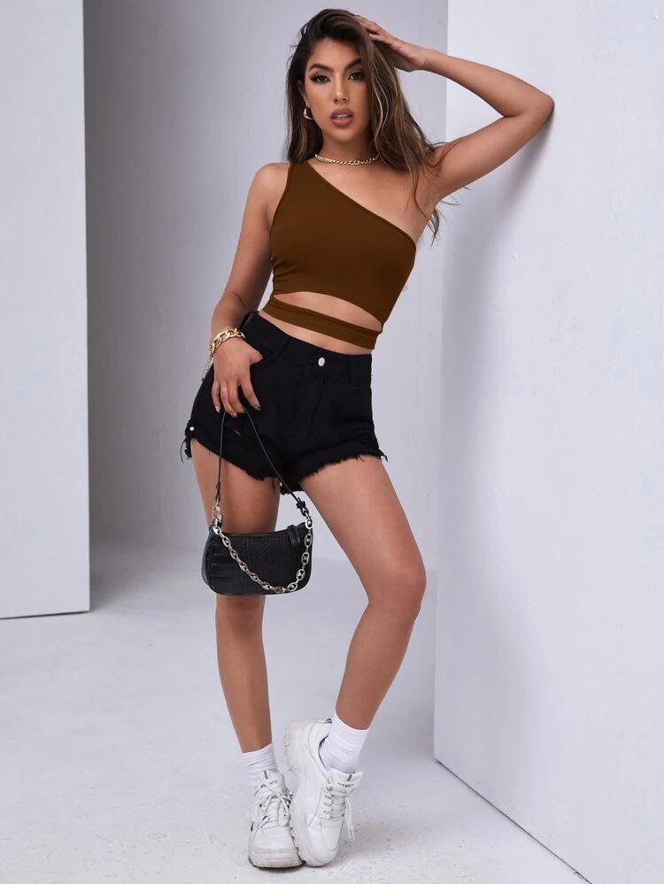 One Shoulder Cut Out Ribbed Crop Top