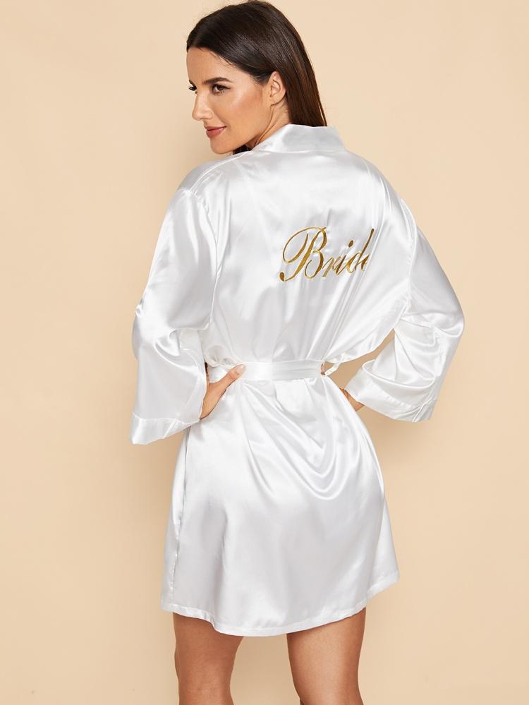 Letter Embroidered Self Belted Satin Bride Robe freeshipping - Kendiee
