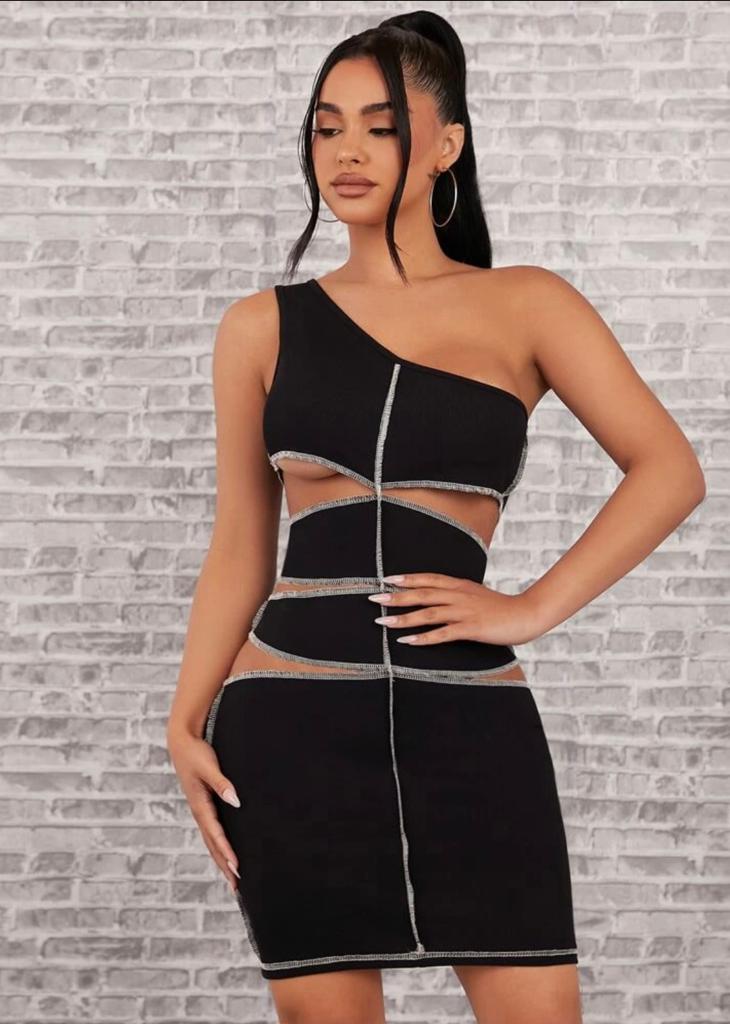 One Shoulder Top Stitching Cut Out Bodycon Dress