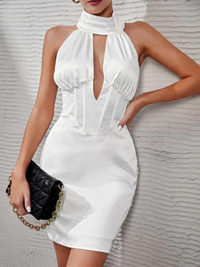 Cut Out Ruched Zip Back Satin Halter Dress