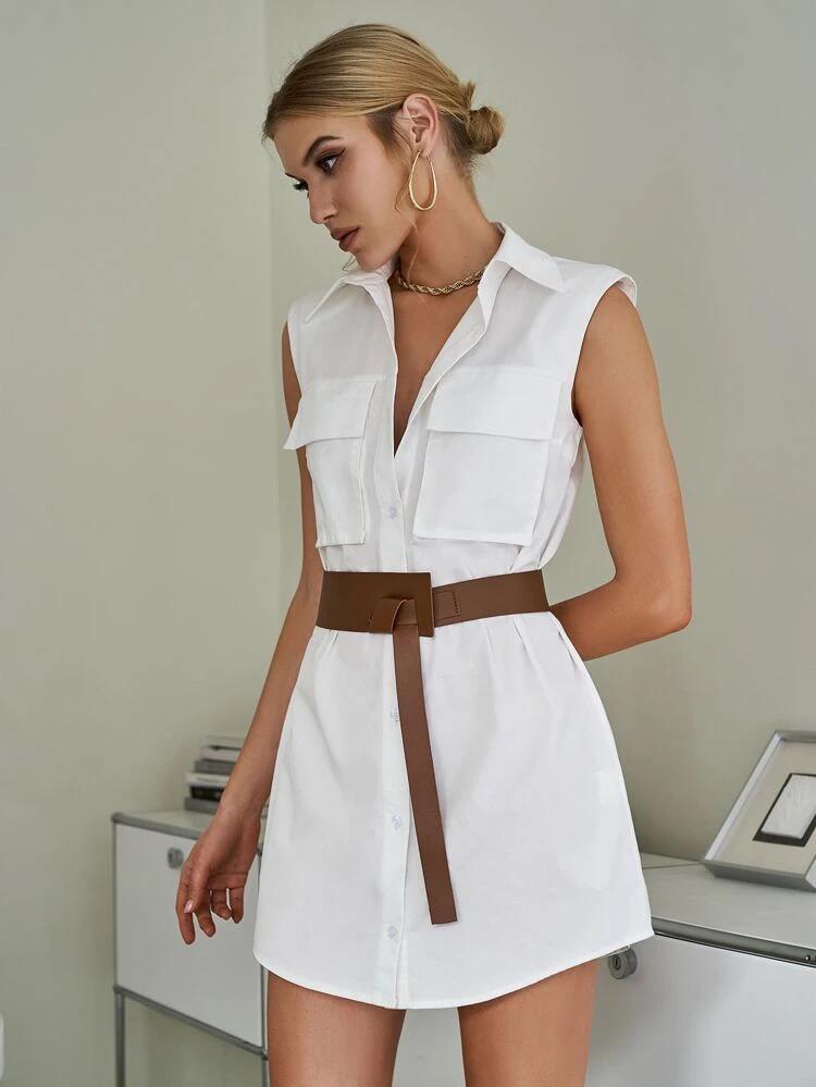 Flap Pocket Shoulder Pad Shirt Dress With Belt