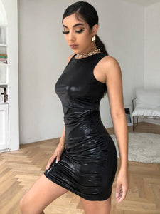 Zip Side Leather Look Ruched Bodycon Dress freeshipping - Kendiee