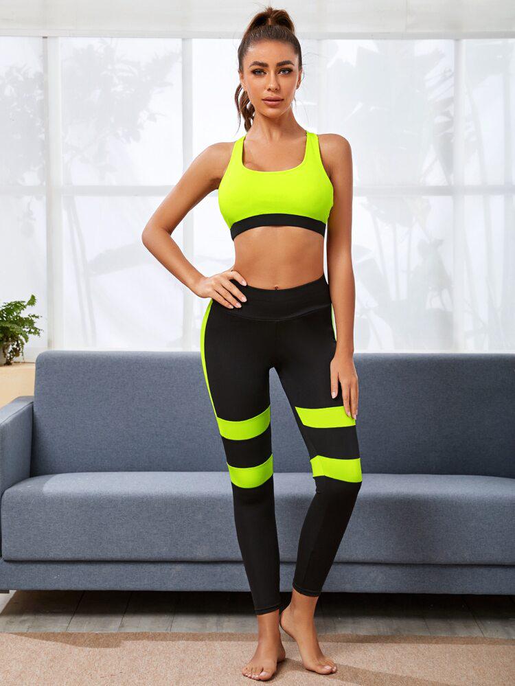 Colorblock Racer Back Sports Bra With Leggings freeshipping - Kendiee