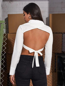 Backless Knotted Crop Blouse freeshipping - Kendiee