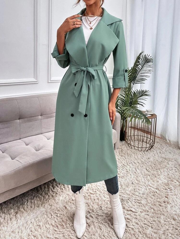 Waterfall Collar Double Breasted Roll Tab Sleeve Belted Trench Coat freeshipping - Kendiee