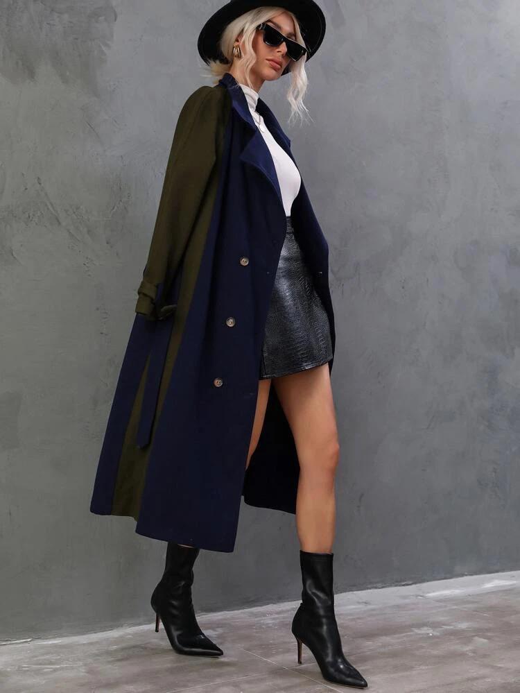 Two Tone Raglan Sleeve Double Breasted Belted Overcoat