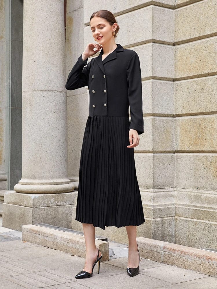 Double Breasted Plated Hem Blazer Dress freeshipping - Kendiee