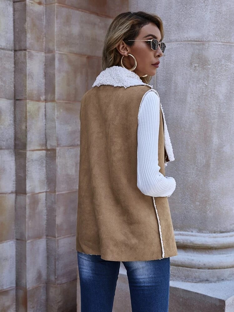 Sherpa Lined Open Front Suede Vest Coat freeshipping - Kendiee