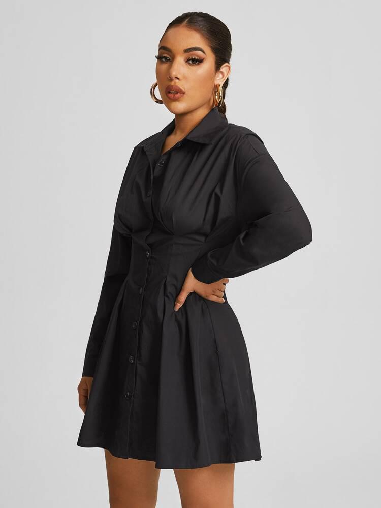 Single Breasted Fold Pleated Shirt Dress freeshipping - Kendiee