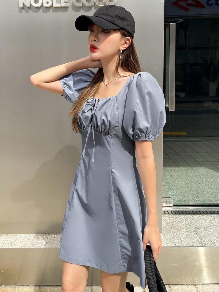 Puff Sleeve Fake Button Tie Front Dress freeshipping - Kendiee