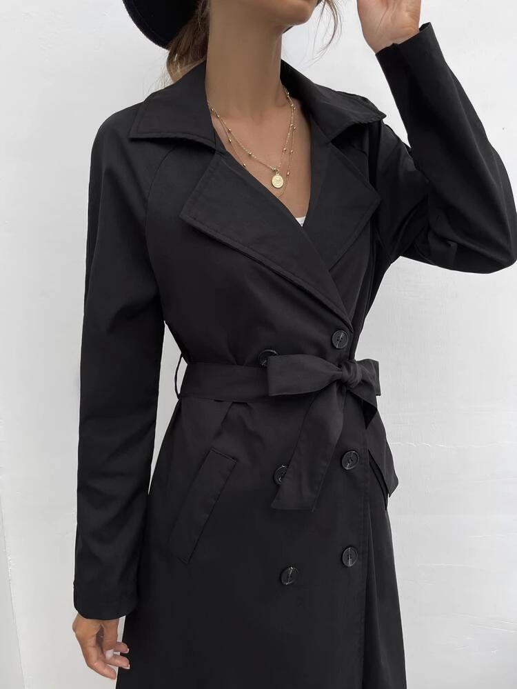 Raglan Sleeve Double Breasted Belted Trench Coat freeshipping - Kendiee