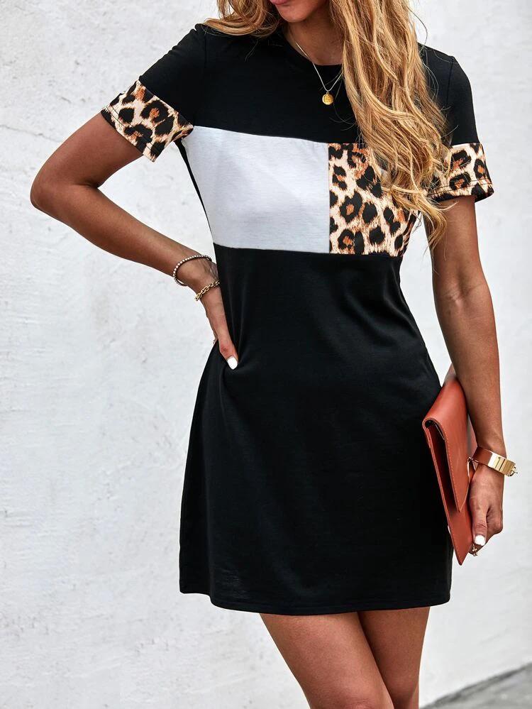 Color-Block Leopard Panel Tee Dress
