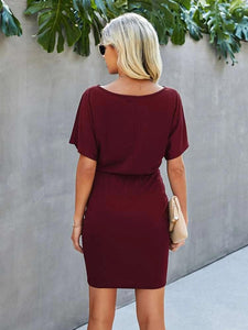 Solid Batwing Sleeve Belted Fitted Dress freeshipping - Kendiee