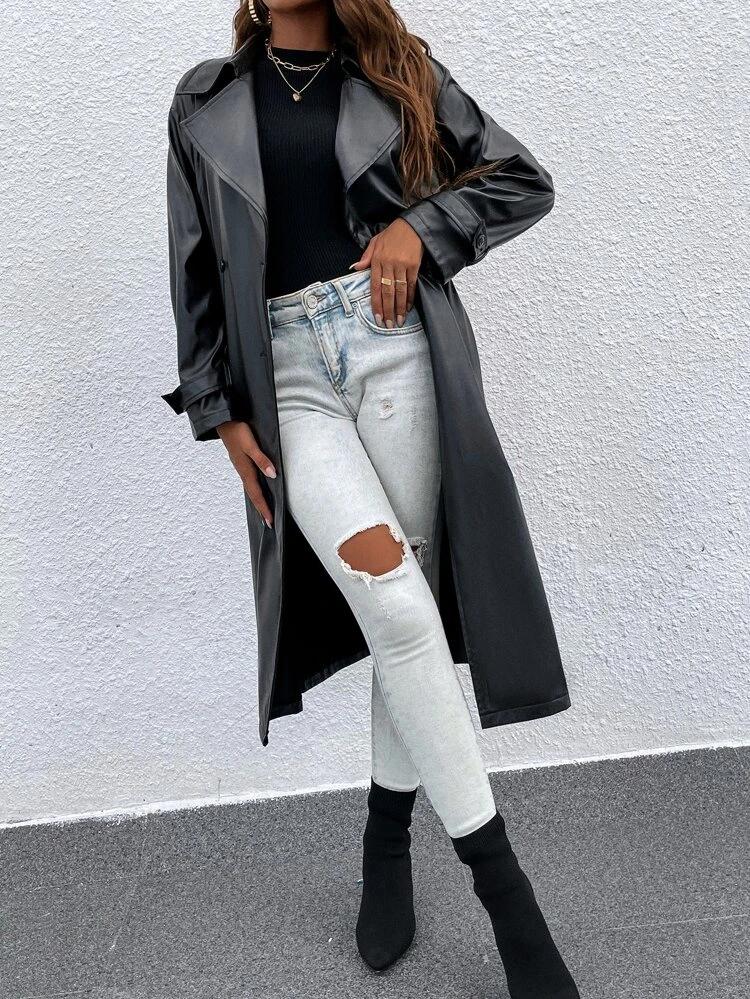 Double Button Belted PU Trench Coat freeshipping - Kendiee