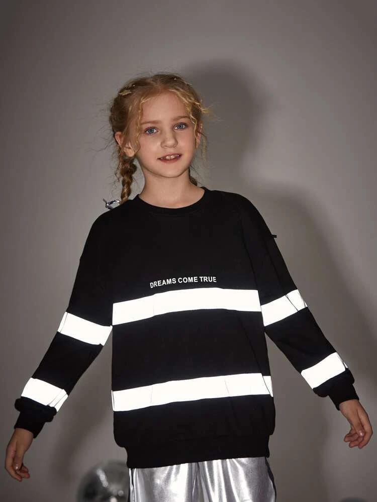 Girls Reflective Tape Drop Shoulder Pullover freeshipping - Kendiee