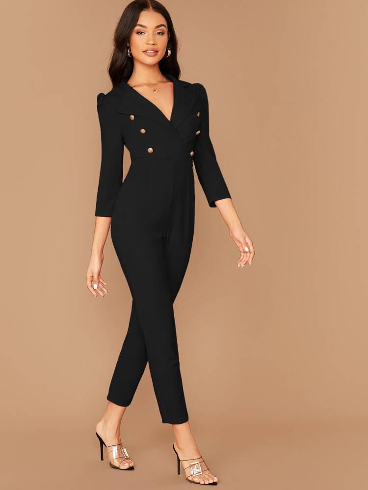 Notched Collar Double Breasted Jumpsuit freeshipping - Kendiee