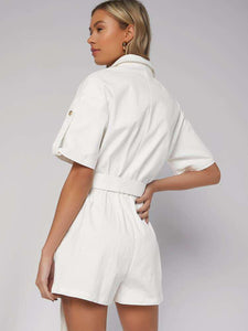 Collared Pocket Front Roll Up Sleeve Self Belted Romper freeshipping - Kendiee
