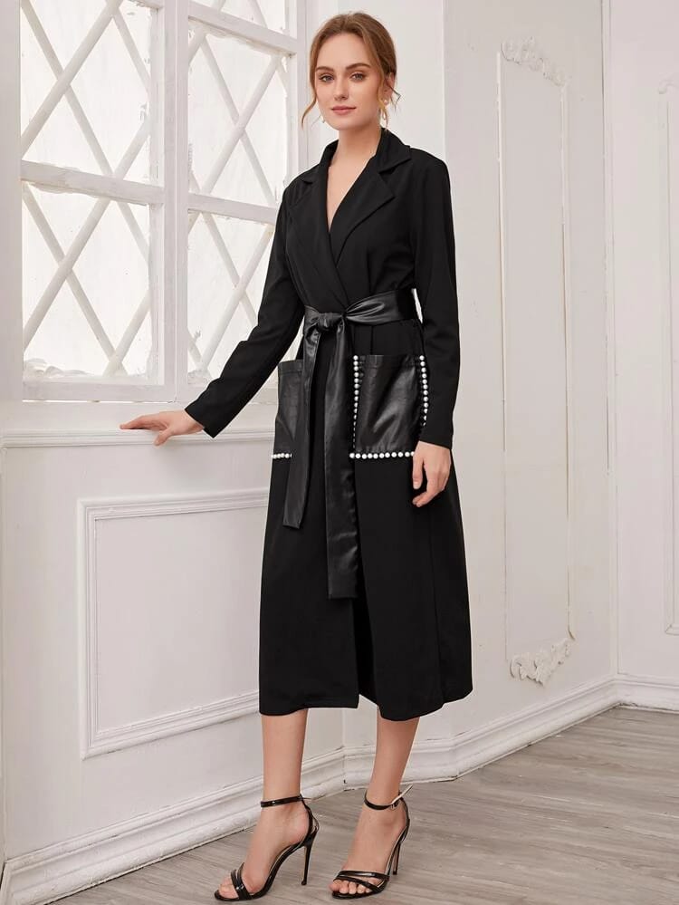 Notched Collar Pearl Beaded PU Patch Pocket Belted Wrap Coat freeshipping - Kendiee