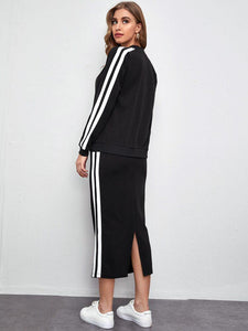 Striped Side O-Ring Zip Up Bomber Jacket And Skirt Set freeshipping - Kendiee
