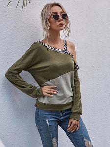Asymmetrical Neck Leopard colorblock Sweatshirt freeshipping - Kendiee