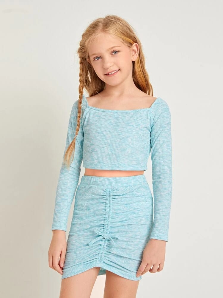 Girls Space Dye Crop Tee & Ruched Knot Front Skirt Set freeshipping - Kendiee
