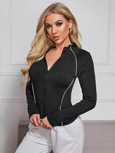 Zip Up Contrast Piping Top freeshipping - Kendiee
