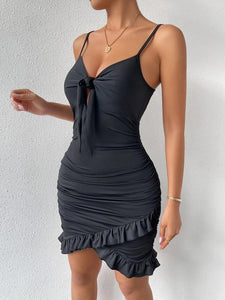 Knot Front Ruched Ruffle Trim Wrap Bodycon Dress