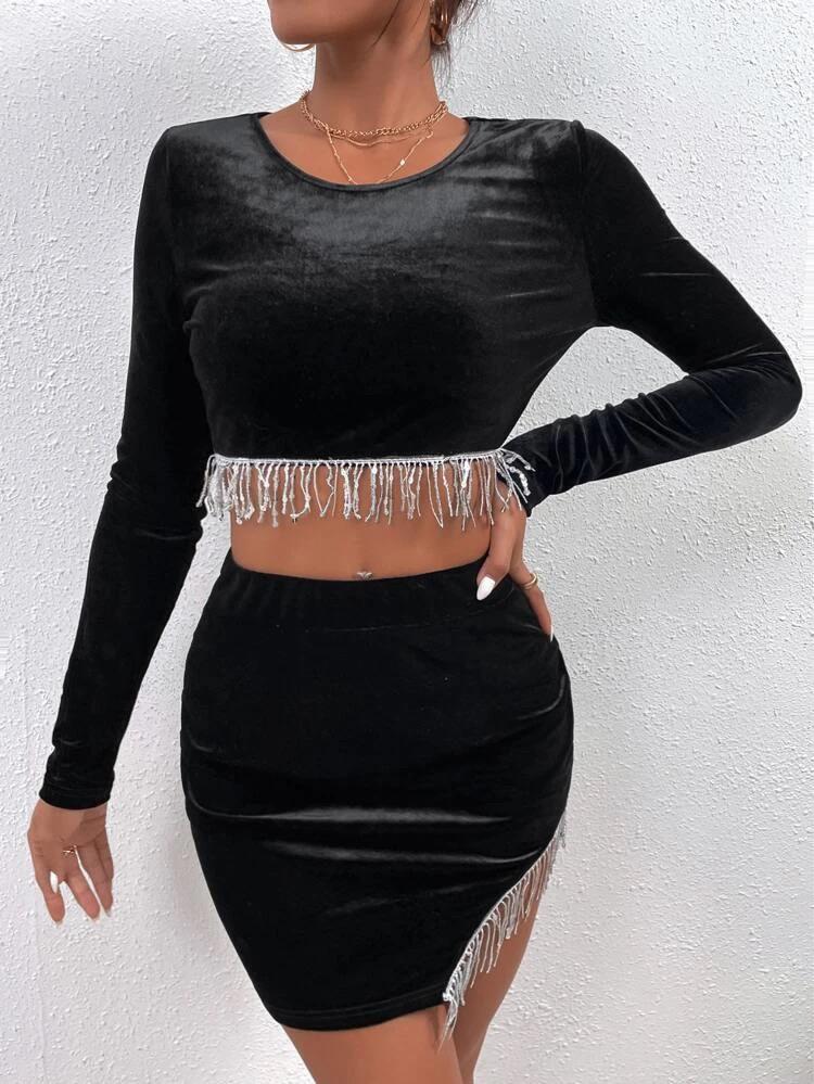 Sequins Fringe Trim Crop Velvet Top & Asymmetrical Hem Bodycon Skirt