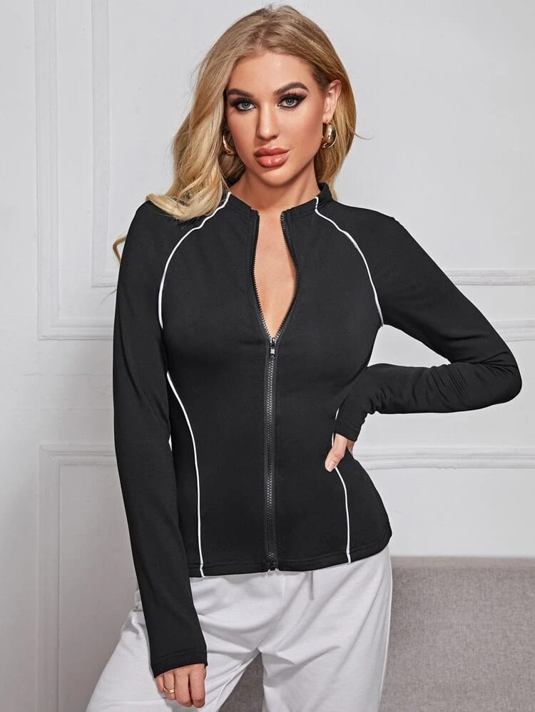 Zip Up Contrast Piping Top freeshipping - Kendiee