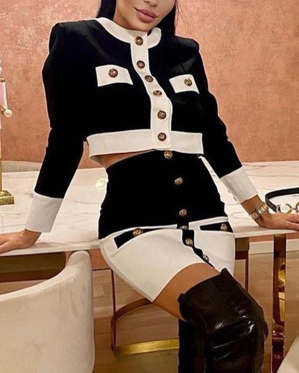 Colorblock O-Neck Coat & Buttoned Skirt Set