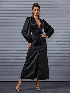 Shawl Collar Buttoned Belted Satin Dress freeshipping - Kendiee