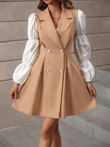 Colorblock Puff Sleeve Double Breasted Dress
