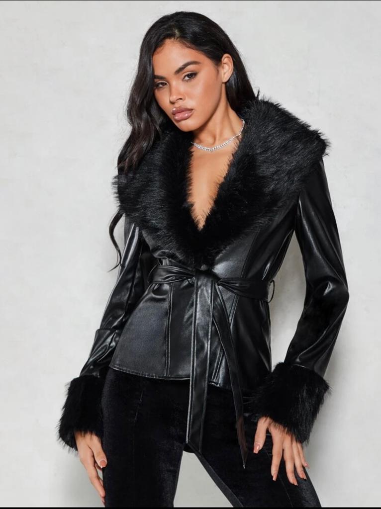 Fuzzy Collar Belted PU Leather Jacket