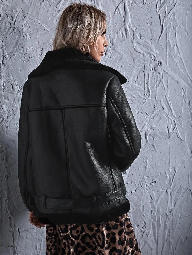 Pocket Zipper PU Leather Moto Jacket With Teddy Lining freeshipping - Kendiee