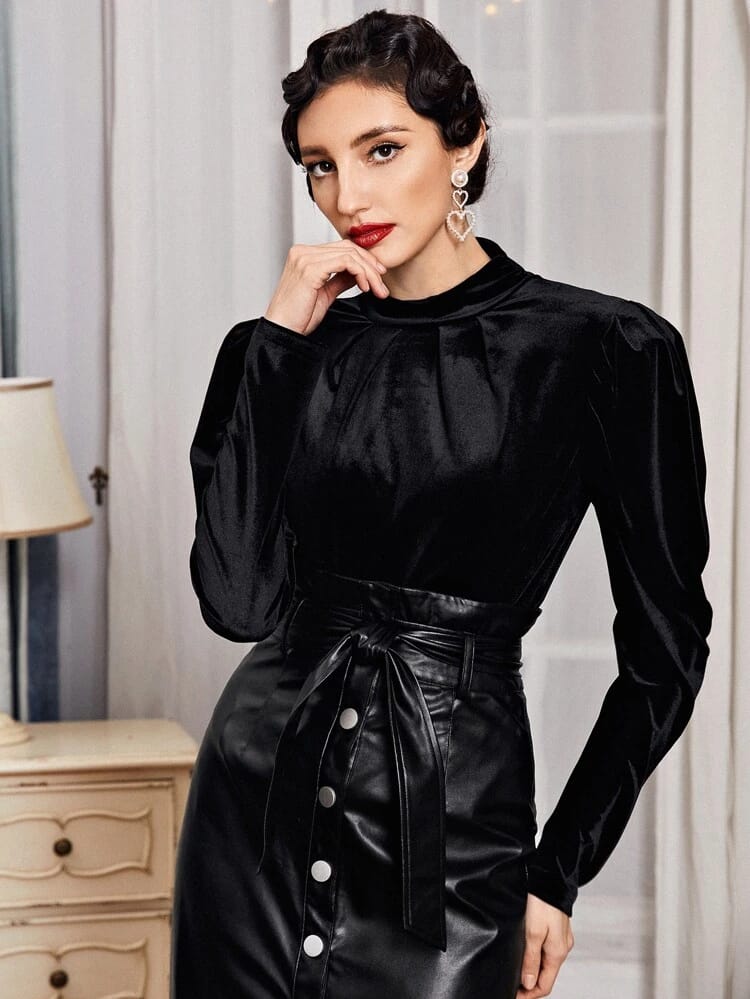 Fold Pleated Front Leg-Of-Mutton Sleeve Velvet Top freeshipping - Kendiee