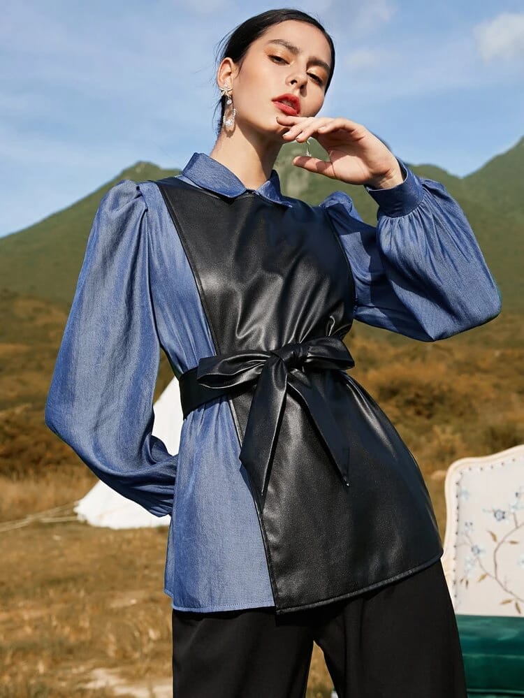 Pu Leather Belted Coat Without Blouse freeshipping - Kendiee