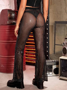 Sequin Mesh Flare Leg Pants without Panty