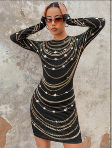 Chain & Pearls Print Bodycon Dress