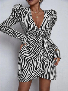Zebra Striped Sleeve Ruffle Trim Wrap Dress