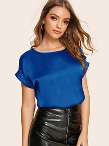 Rolled Cuff Batwing Sleeve Satin Top
