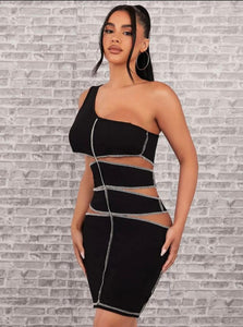 One Shoulder Top Stitching Cut Out Bodycon Dress