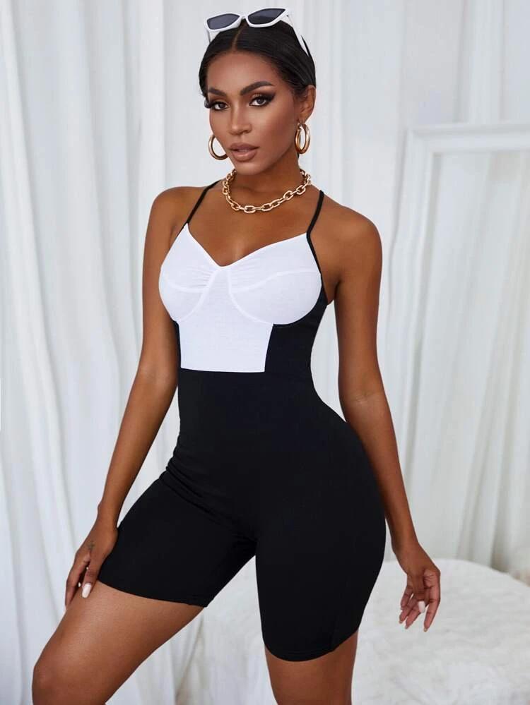 Two Tone Backless Skinny Romper freeshipping - Kendiee