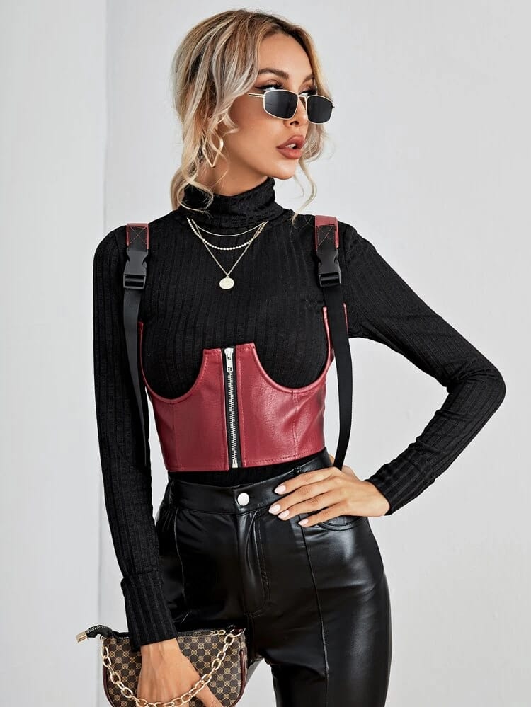 Pu Leather Zipper Front Cami Top Without Tee freeshipping - Kendiee