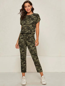 Batwing Sleeve Camo Tee And Tie Front Joggers Set